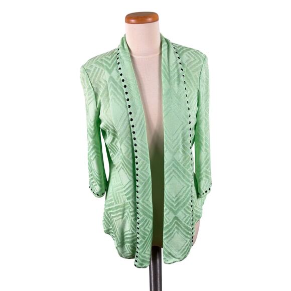 Ming Wang Cardigan Women Size Medium Green Embossed Geometric Studded Open Front - Picture 1 of 14